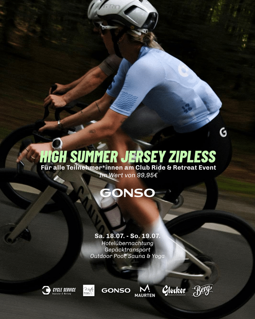 Club Ride & Retreat Flyer mit Werbung für das Gonso High Summer Jersey Trikot welches alle Teilnehmer bekommen.