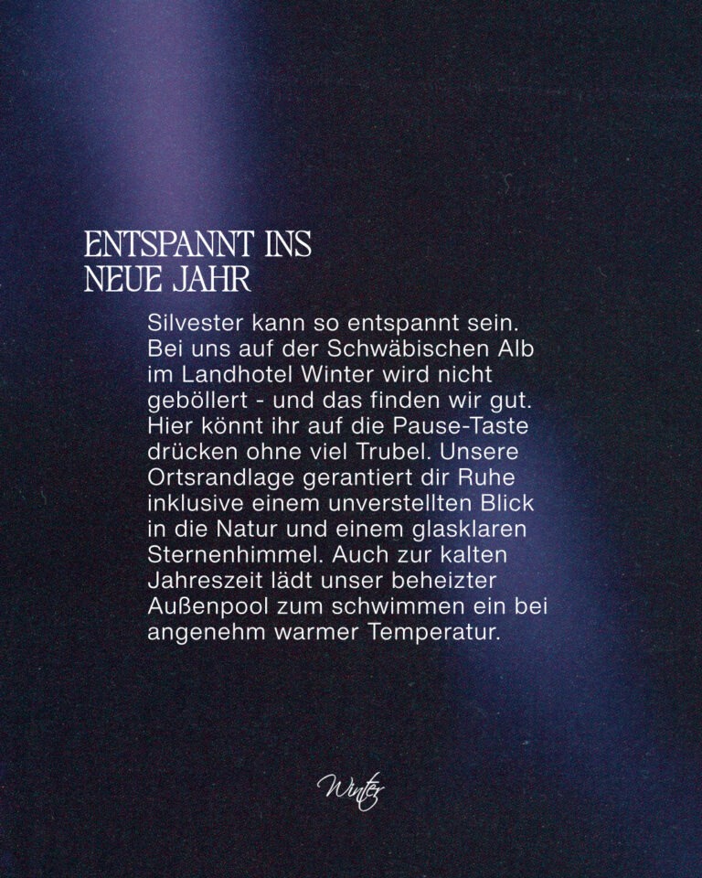 Flyer zum Silvester Arrangement "Entspannt ins neue Jahr" des Landhotel Winters. Im Text des Flyers steht, dass im Restaurant und Landhotel Winter nicht geböllert wird.