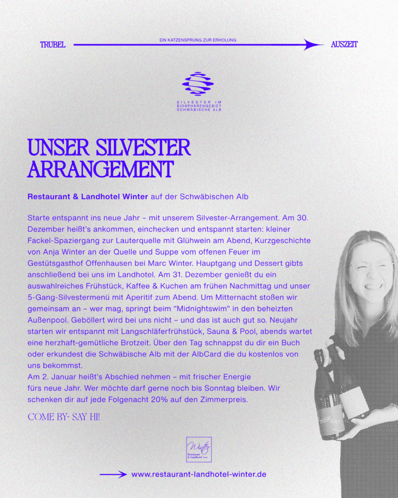 Flyer zum Silvester Arrangement im Restaurant und Landhotel Winter. Auf dem Flyer ist Anja Winter zu sehen.