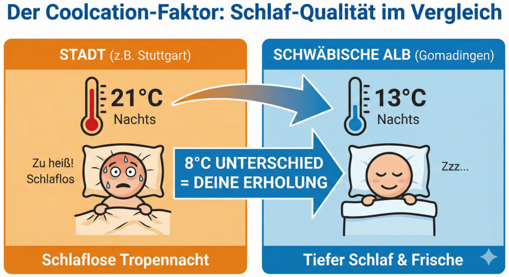 Infografik Temperaturvergleich Stuttgart vs Schwäbische Alb Sommer 2025 – Coolcation im Restaurant und Landhotel Winter