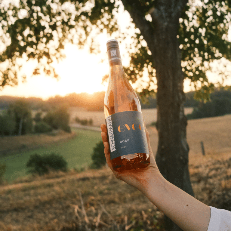 Eine Flasche Evoe! Rosé vom Weingut Rainer Schnaitmann mit Weitblick in die Natur.