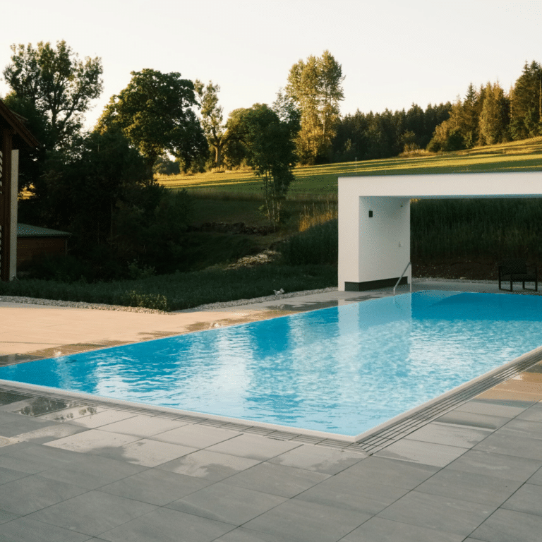 Hotelpool im Abendlicht.