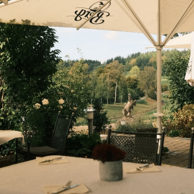 Außen Terrasse des Restaurants mit Blick in die Natur.